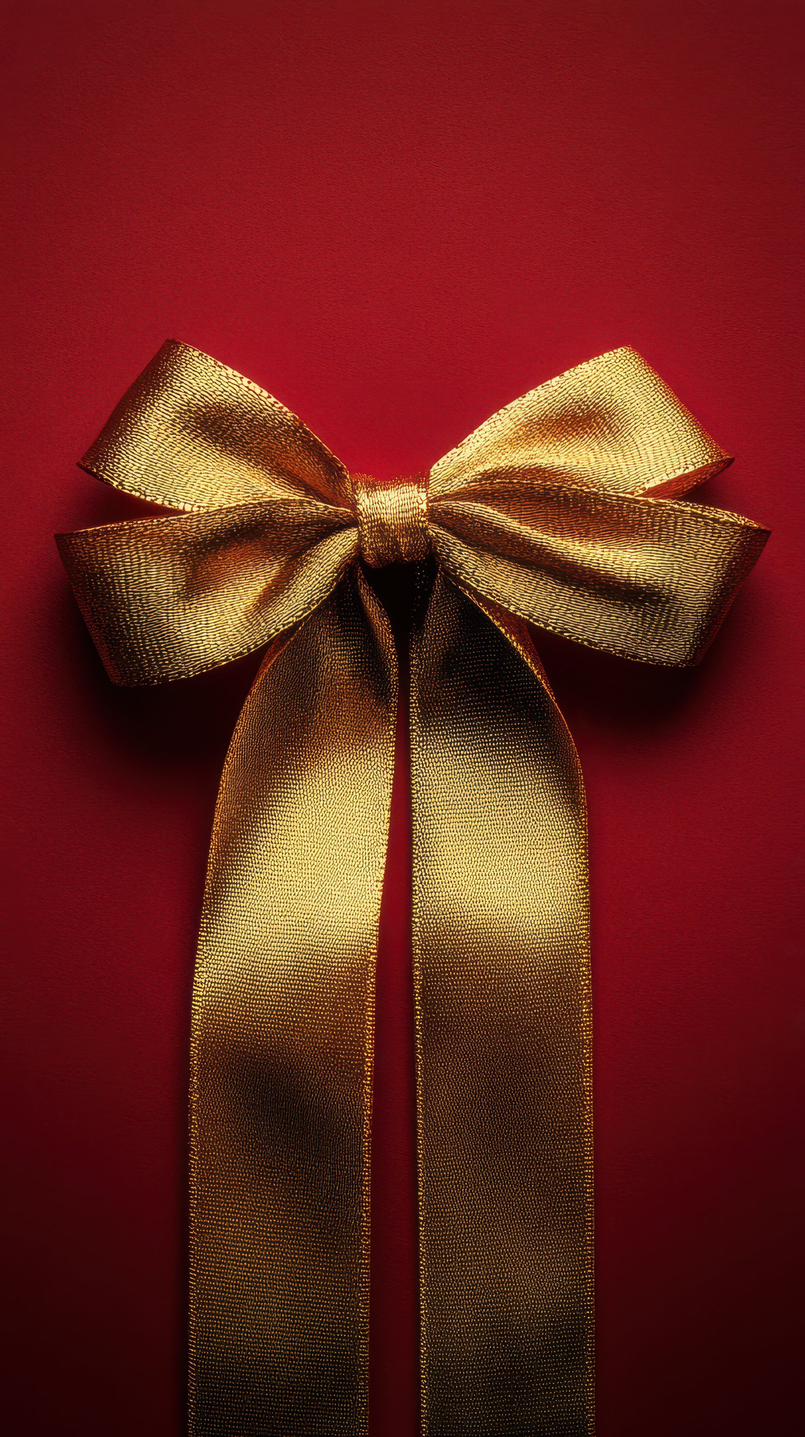 Elegant gold ribbon bow on vibrant red background for festive occasions